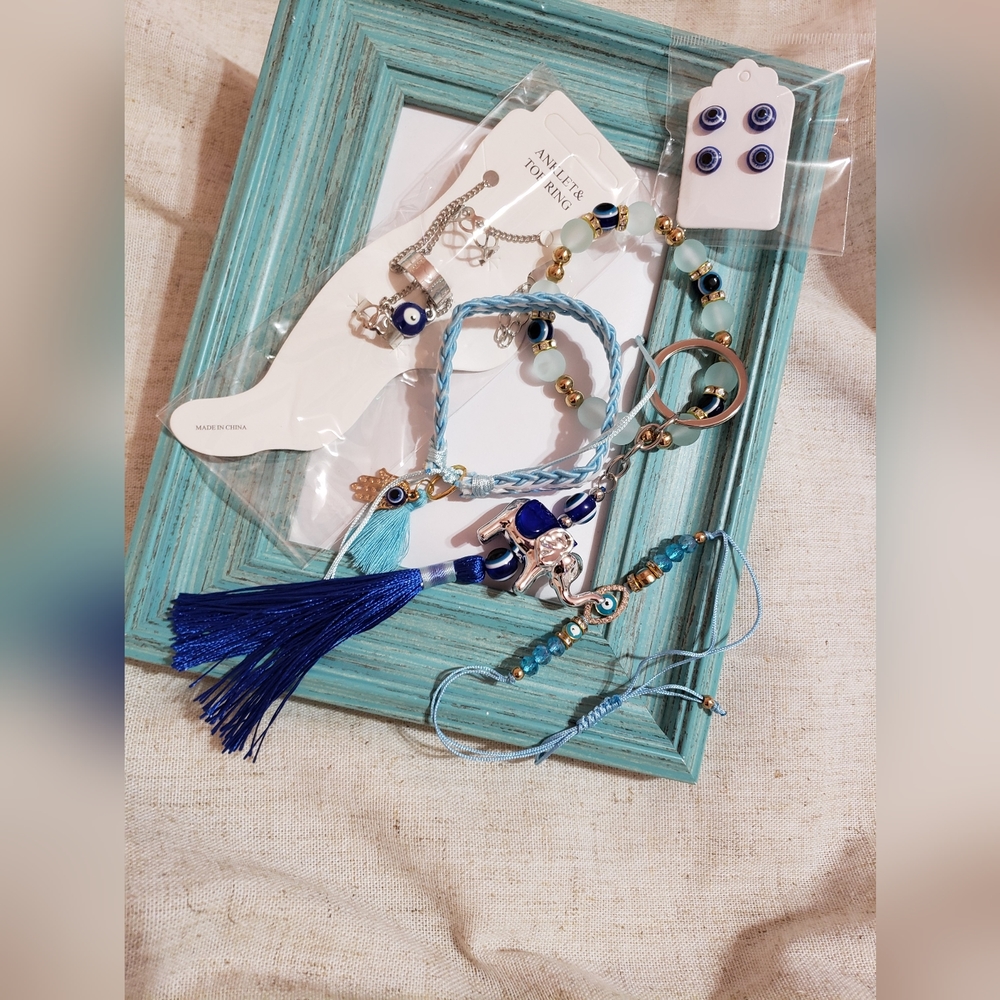 Blue Style Evil Eye Bundle Bracelets, Keychain,Studs,Ankle And Toe Rings 6 Piece